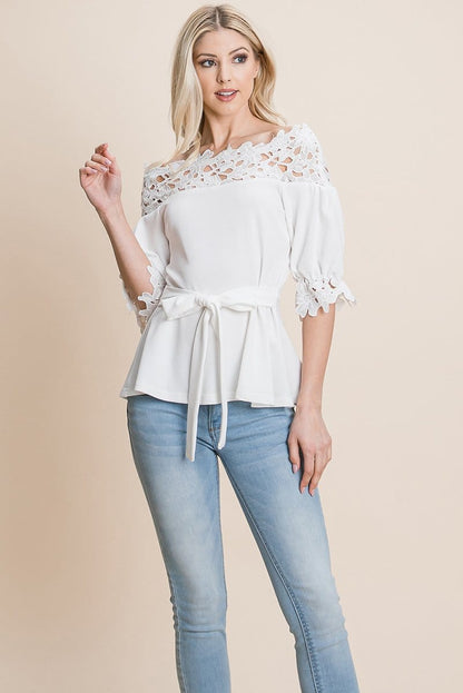 Lace Crochet Self Belted Off The Shoulder Tops with Back Zipper | Apparel | Kitchen + Metal