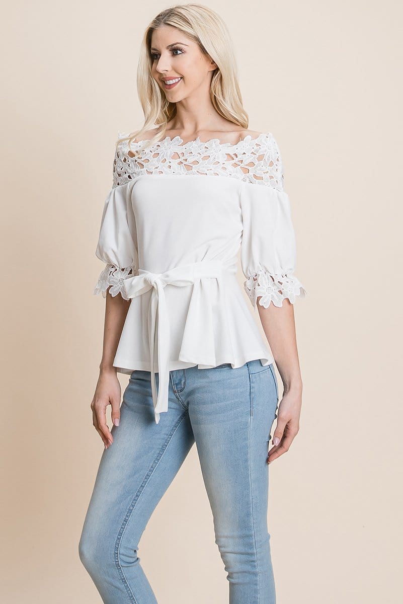 Lace Crochet Self Belted Off The Shoulder Tops with Back Zipper | Apparel | Kitchen + Metal