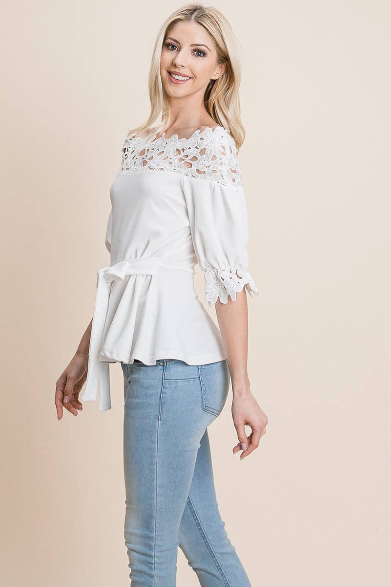 Lace Crochet Self Belted Off The Shoulder Tops with Back Zipper | Apparel | Kitchen + Metal