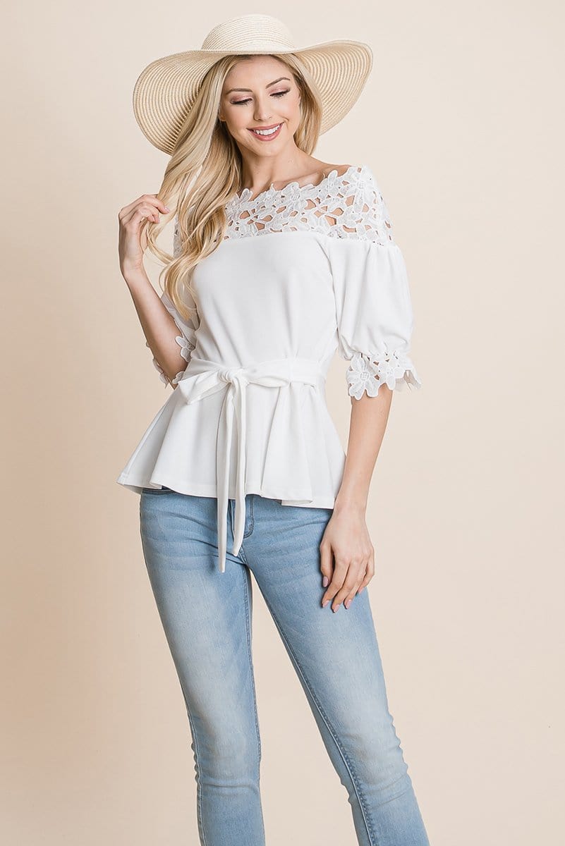 Lace Crochet Self Belted Off The Shoulder Tops with Back Zipper | Apparel | Kitchen + Metal