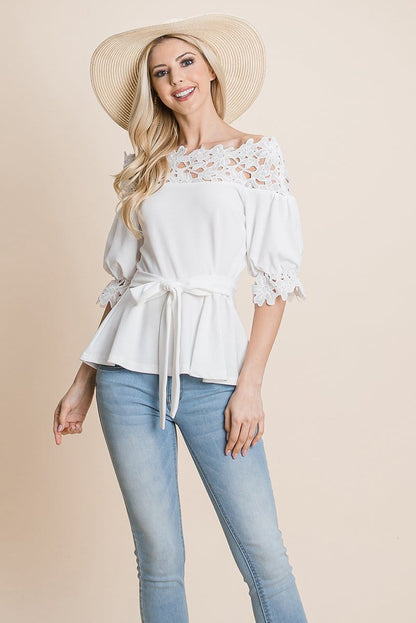 Lace Crochet Self Belted Off The Shoulder Tops with Back Zipper | Apparel | Kitchen + Metal