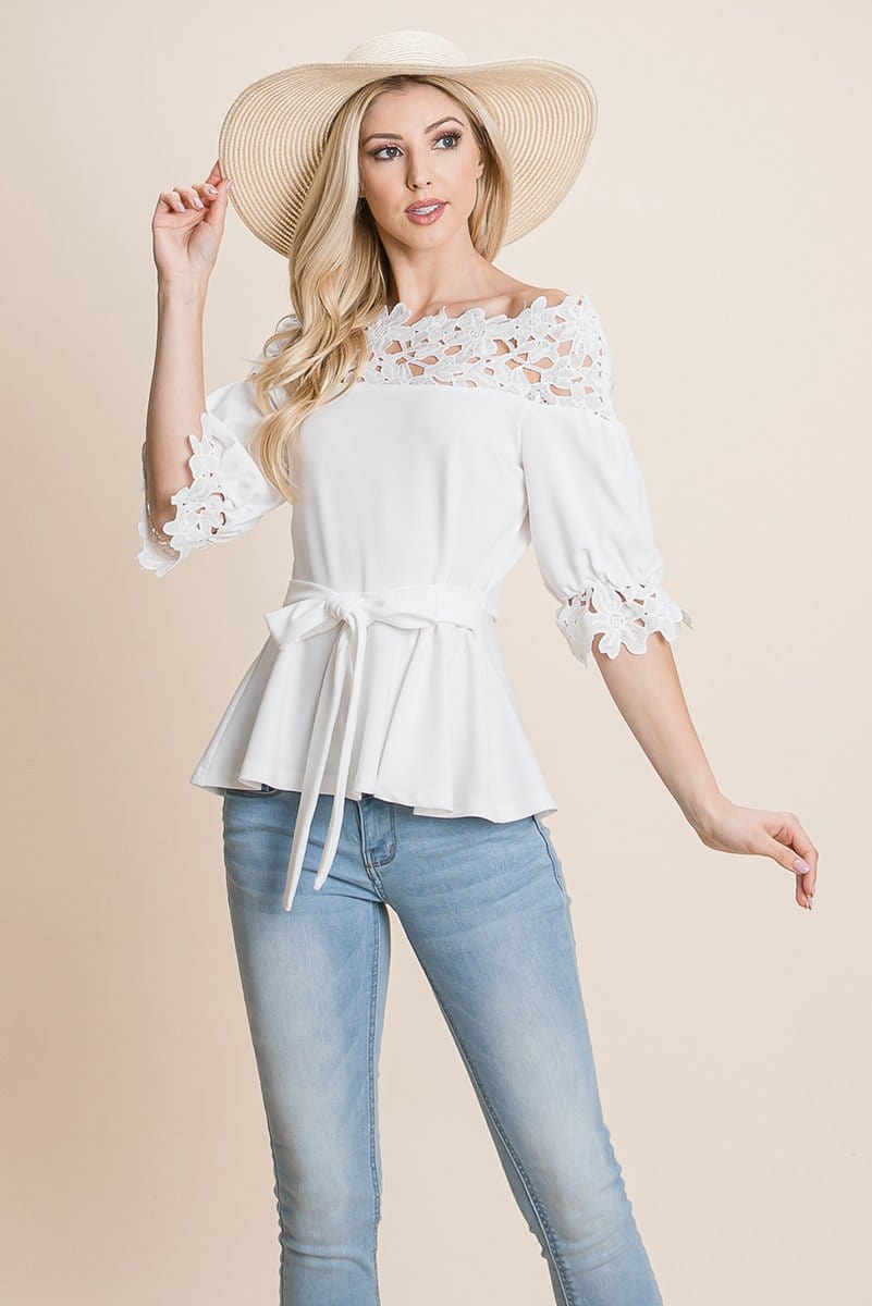 Lace Crochet Self Belted Off The Shoulder Tops with Back Zipper | Apparel | Kitchen + Metal