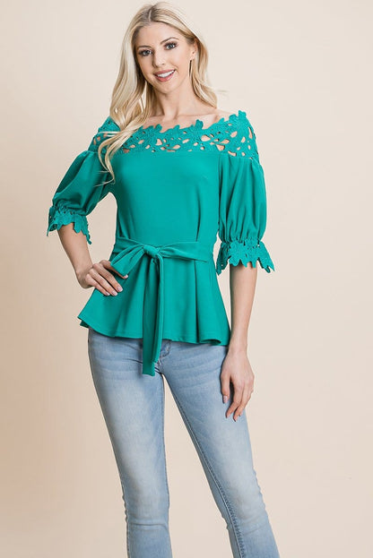 Lace Crochet Self Belted Off The Shoulder Tops with Back Zipper | Apparel | Kitchen + Metal