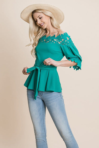 Lace Crochet Self Belted Off The Shoulder Tops with Back Zipper | Apparel | Kitchen + Metal