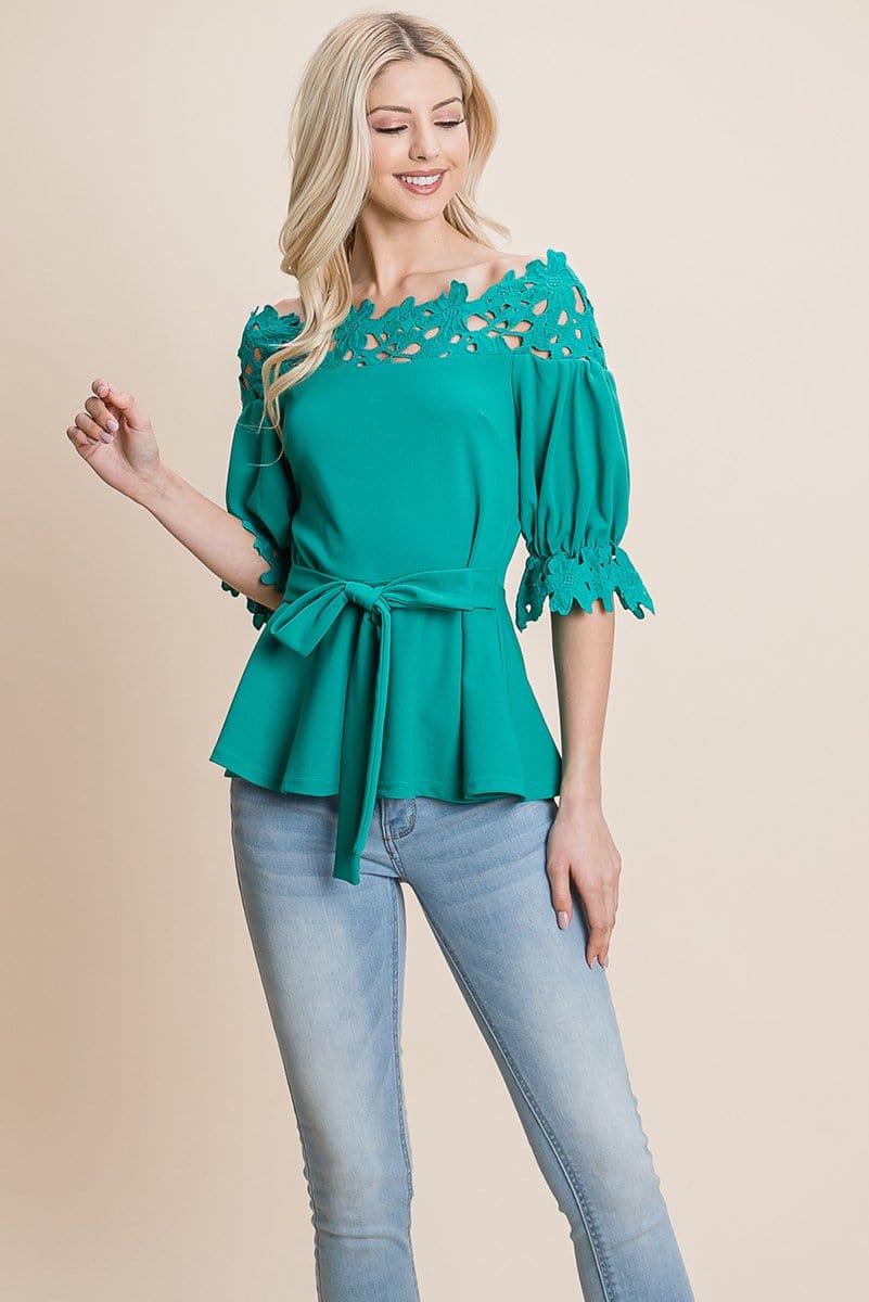 Lace Crochet Self Belted Off The Shoulder Tops with Back Zipper | Apparel | Kitchen + Metal
