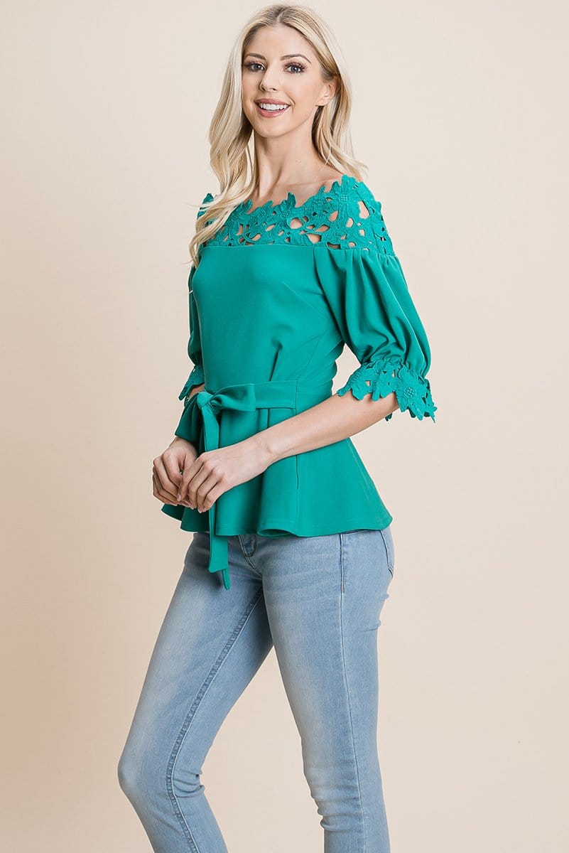 Lace Crochet Self Belted Off The Shoulder Tops with Back Zipper | Apparel | Kitchen + Metal