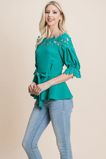 Lace Crochet Self Belted Off The Shoulder Tops with Back Zipper | Apparel | Kitchen + Metal