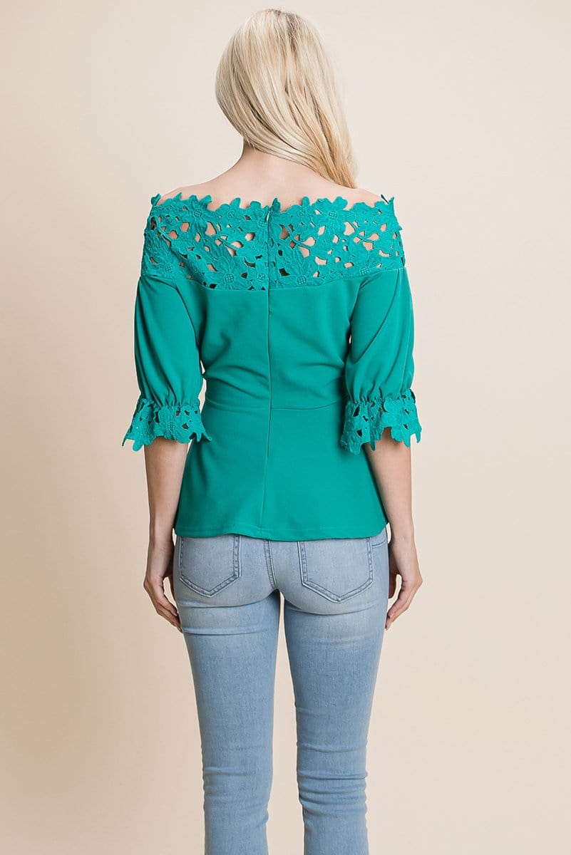 Lace Crochet Self Belted Off The Shoulder Tops with Back Zipper | Apparel | Kitchen + Metal
