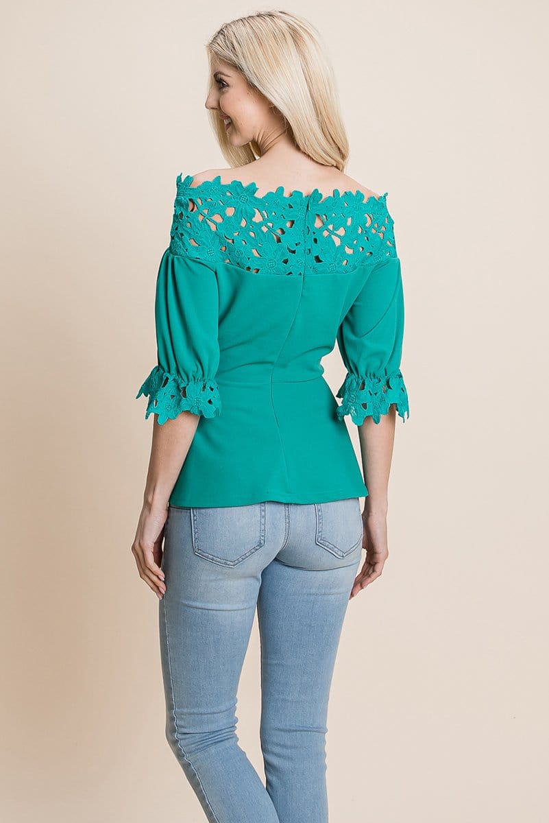 Lace Crochet Self Belted Off The Shoulder Tops with Back Zipper | Apparel | Kitchen + Metal