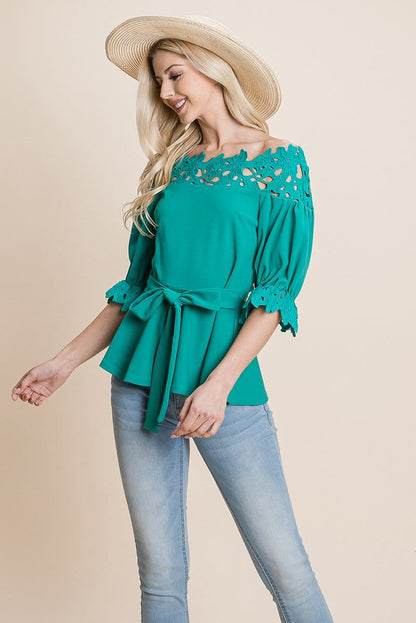 Lace Crochet Self Belted Off The Shoulder Tops with Back Zipper | Apparel | Kitchen + Metal