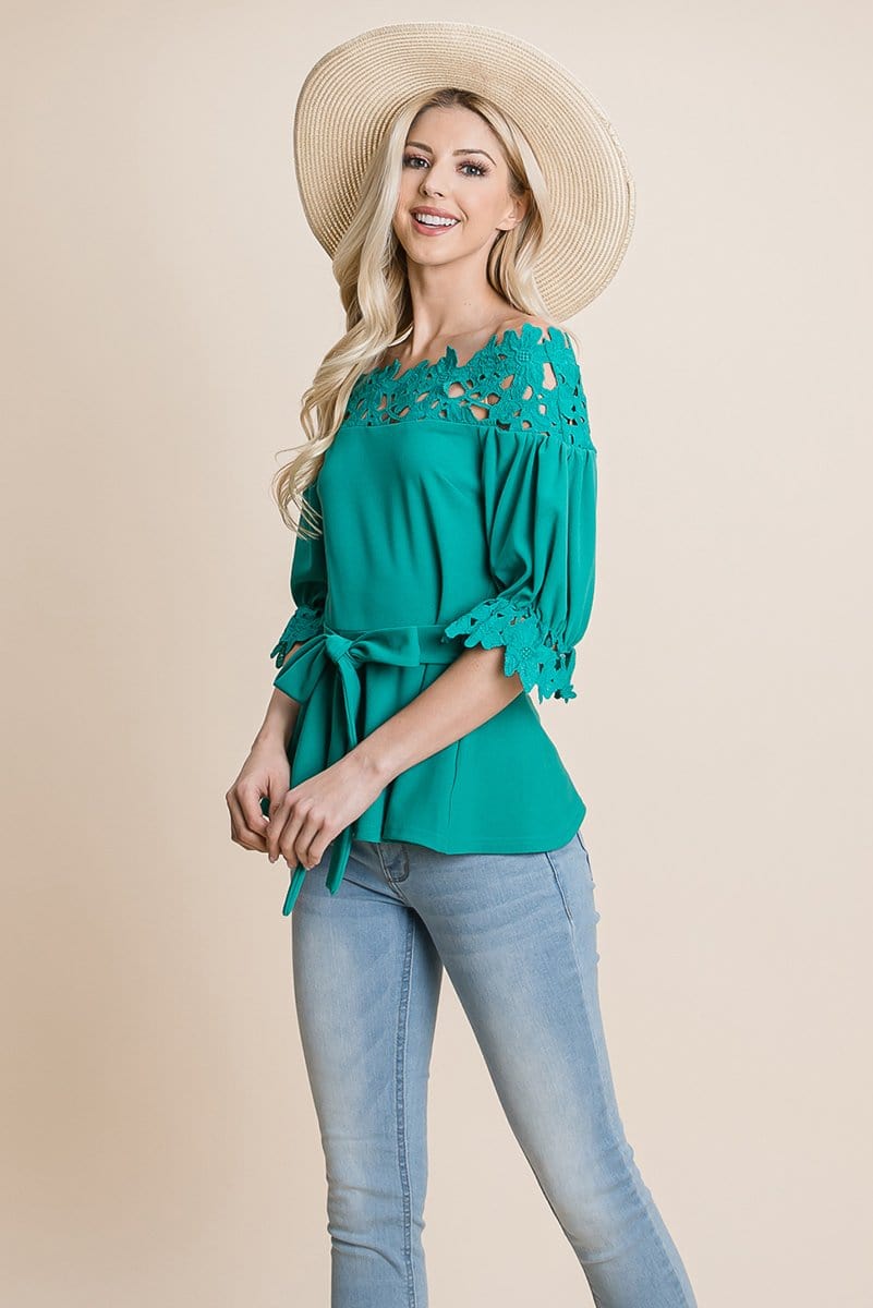 Lace Crochet Self Belted Off The Shoulder Tops with Back Zipper | Apparel | Kitchen + Metal