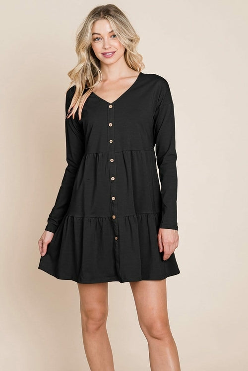 Button Front Long Sleeve Pleated Swing Dresses | Apparel | Kitchen + Metal