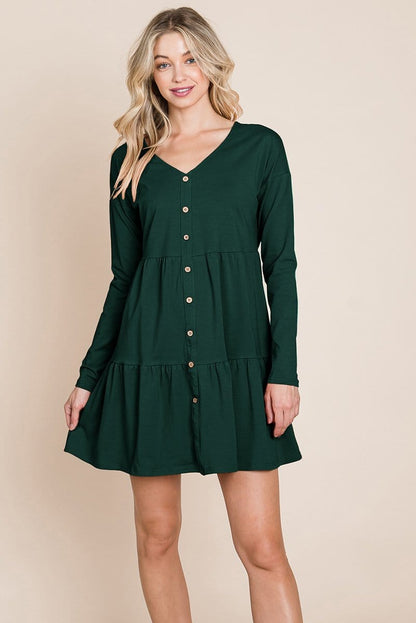 Button Front Long Sleeve Pleated Swing Dresses | Apparel | Kitchen + Metal