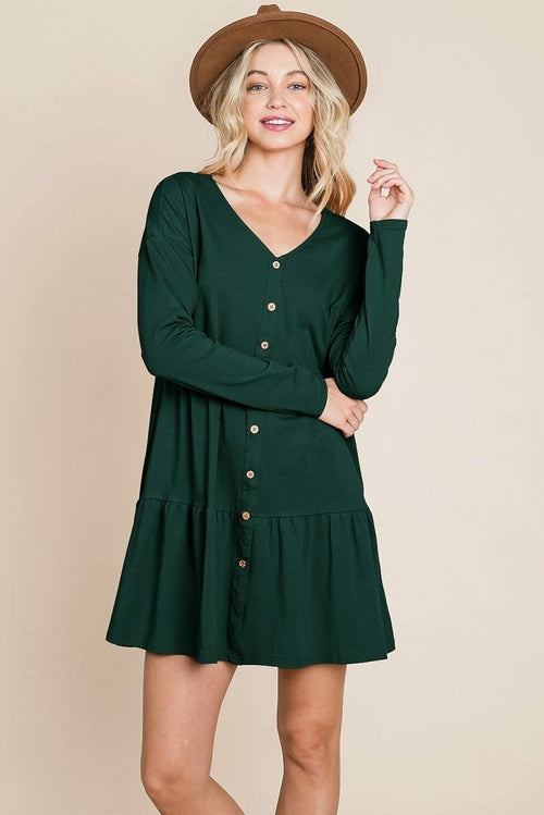 Button Front Long Sleeve Pleated Swing Dresses | Apparel | Kitchen + Metal