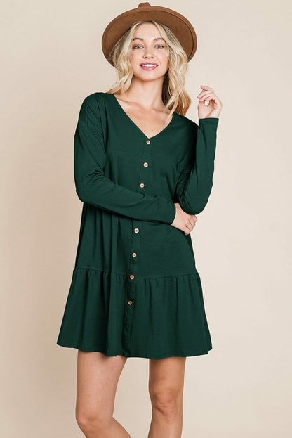 Button Front Long Sleeve Pleated Swing Dresses | Apparel | Kitchen + Metal