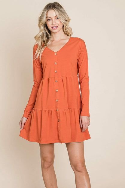Button Front Long Sleeve Pleated Swing Dresses | Apparel | Kitchen + Metal