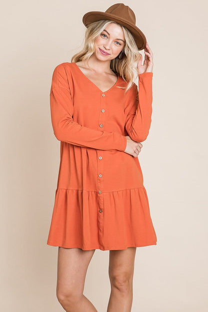 Button Front Long Sleeve Pleated Swing Dresses | Apparel | Kitchen + Metal