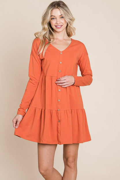Button Front Long Sleeve Pleated Swing Dresses | Apparel | Kitchen + Metal