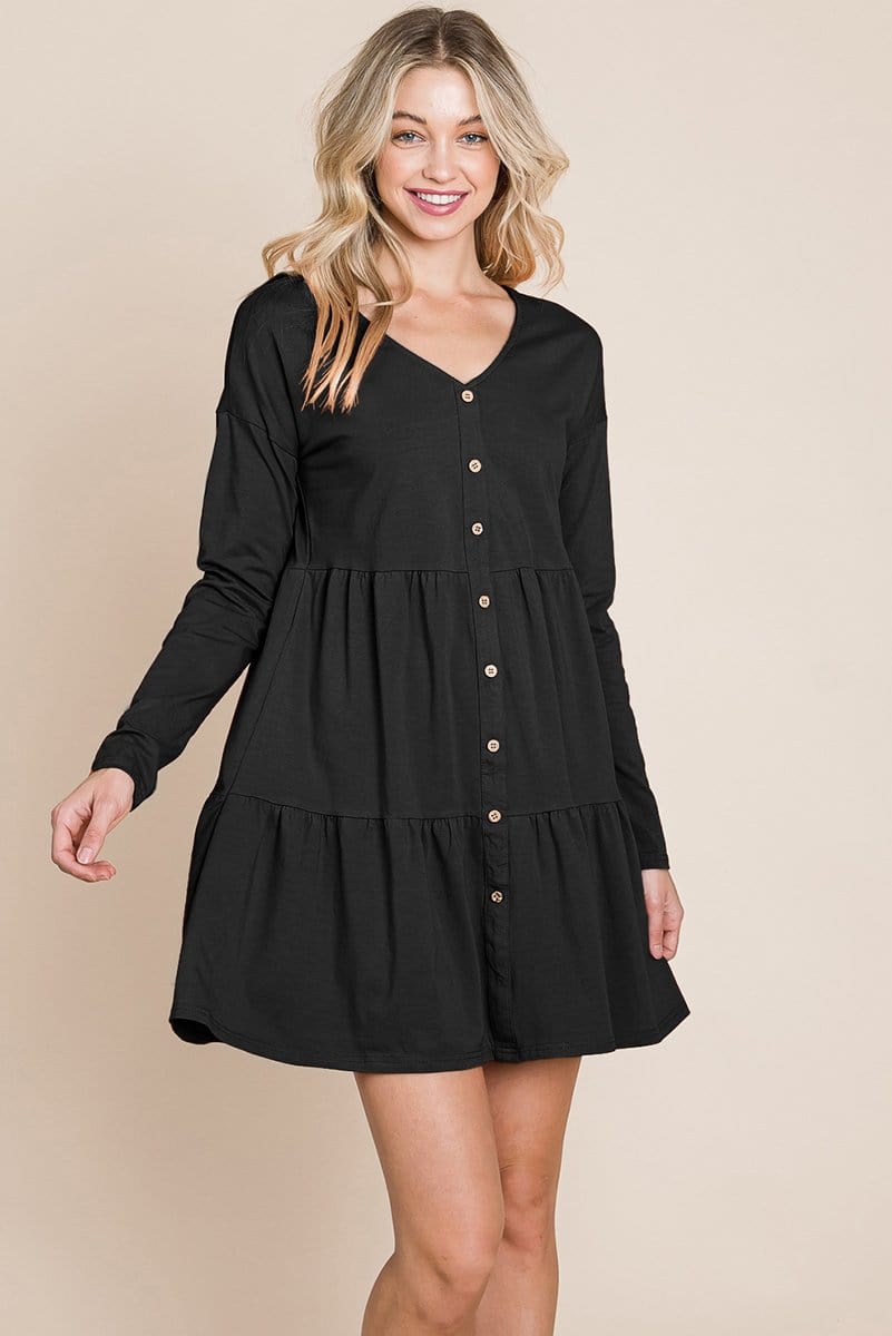 Button Front Long Sleeve Pleated Swing Dresses | Apparel | Kitchen + Metal