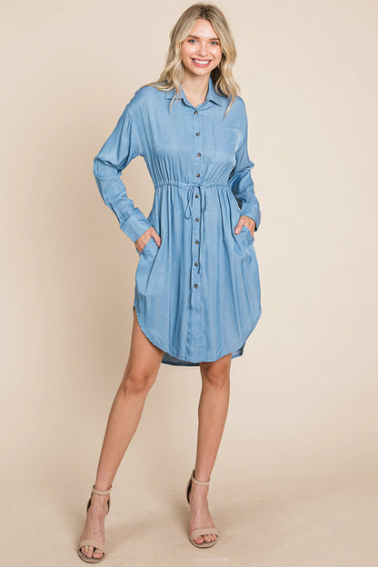 Button Down drawstring Tie Waist Chambray Dress | Apparel | Kitchen + Metal
