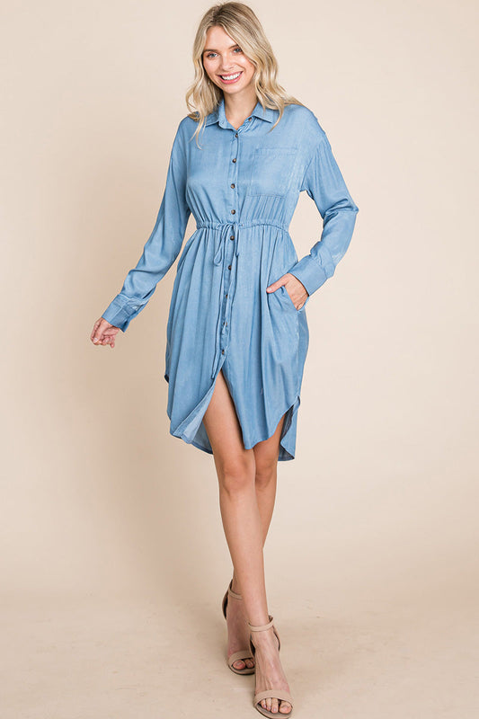 Button Down drawstring Tie Waist Chambray Dress | Apparel | Kitchen + Metal