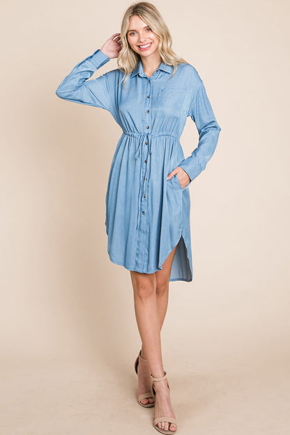 Button Down drawstring Tie Waist Chambray Dress | Apparel | Kitchen + Metal