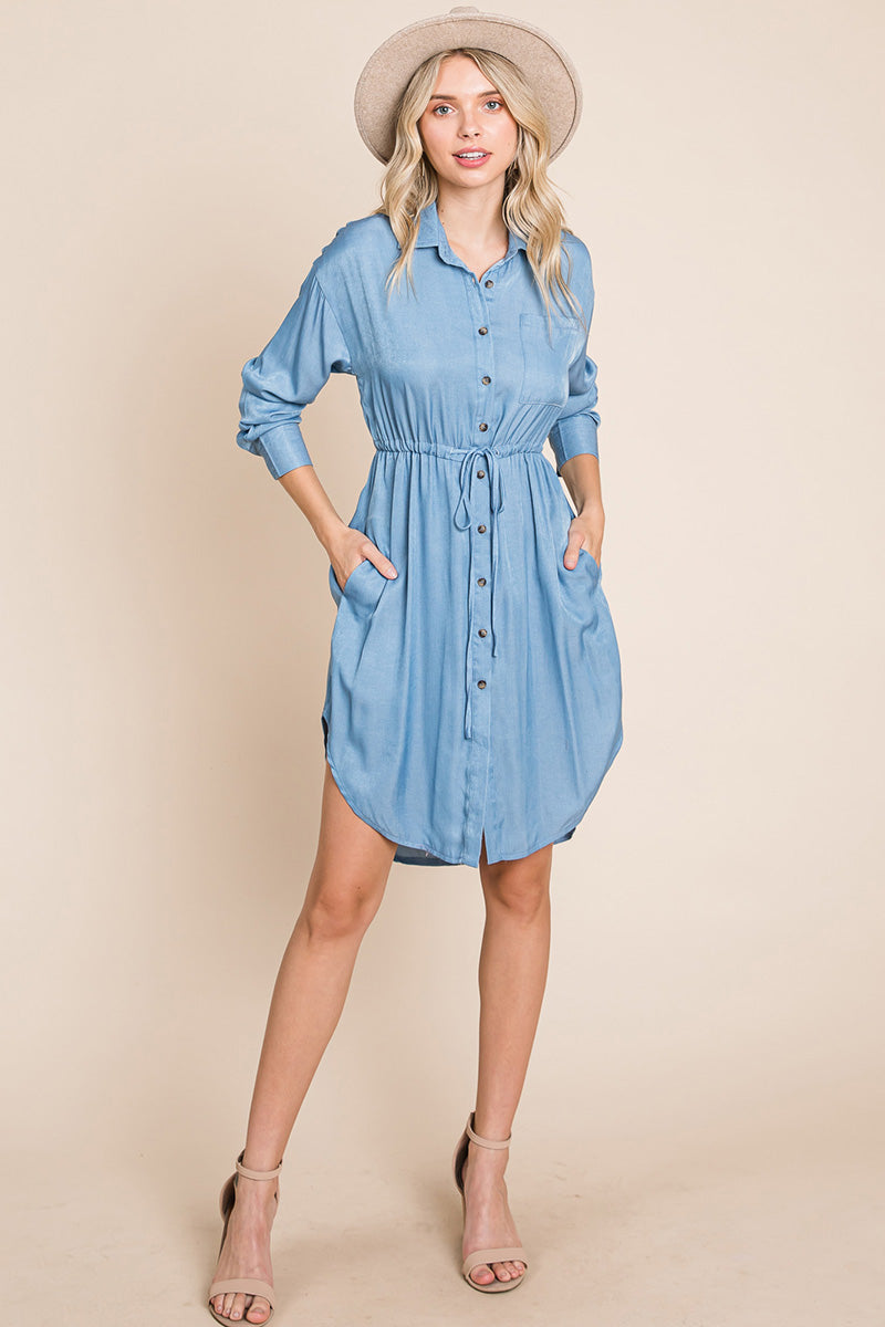 Button Down drawstring Tie Waist Chambray Dress | Apparel | Kitchen + Metal