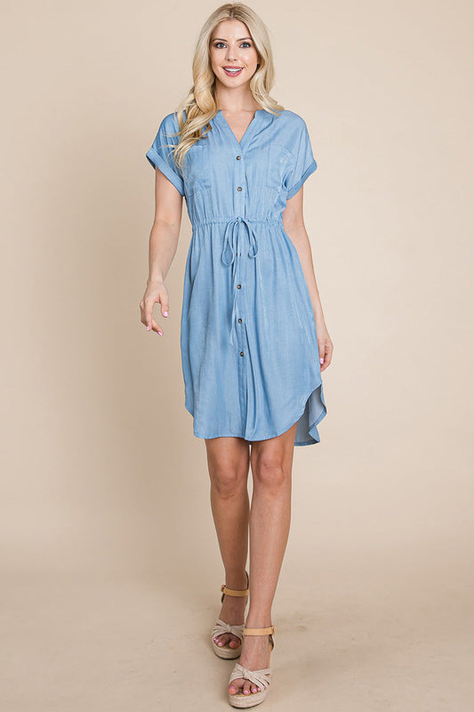 Button Down Chambray Drawstring Waist Shirt Dress | Apparel | Kitchen + Metal