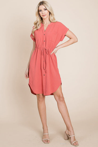 Button Down Solid Drawstring Waist Shirt Dress | Apparel | Kitchen + Metal