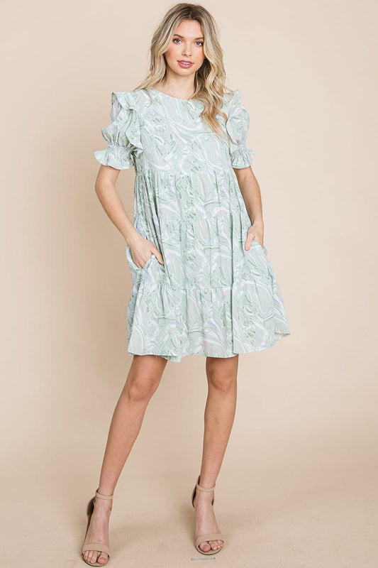 Printed Ruffle Short Sleeve Tiered Swing Dress | Apparel | Kitchen + Metal