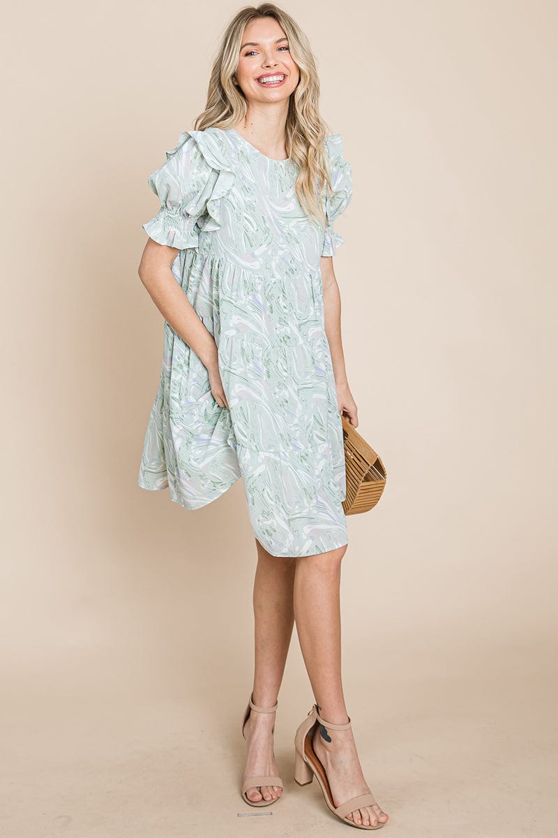 Printed Ruffle Short Sleeve Tiered Swing Dress | Apparel | Kitchen + Metal