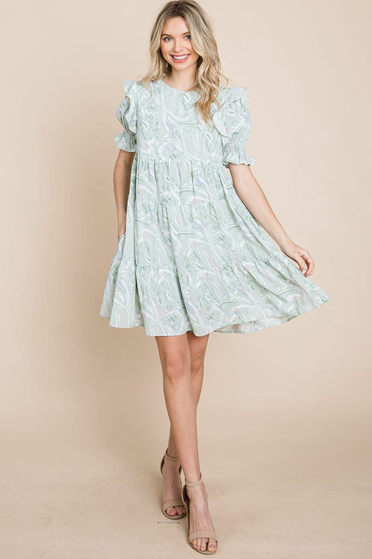 Printed Ruffle Short Sleeve Tiered Swing Dress | Apparel | Kitchen + Metal