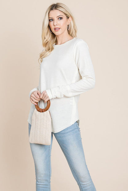Casual Comfy Knit Waffle Pullover Raw Edge Tops | Apparel | Kitchen + Metal