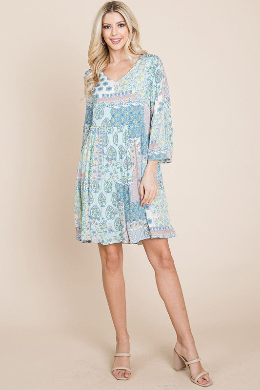 3/4 Sleeve Pleated Floral Flowy Boho Swing Dresses | Apparel | Kitchen + Metal
