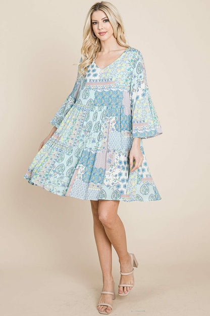 3/4 Sleeve Pleated Floral Flowy Boho Swing Dresses | Apparel | Kitchen + Metal