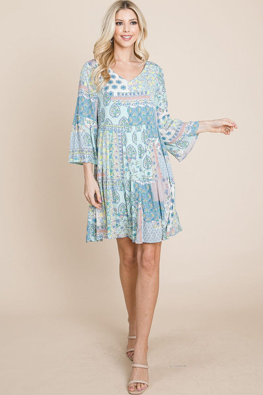 3/4 Sleeve Pleated Floral Flowy Boho Swing Dresses | Apparel | Kitchen + Metal