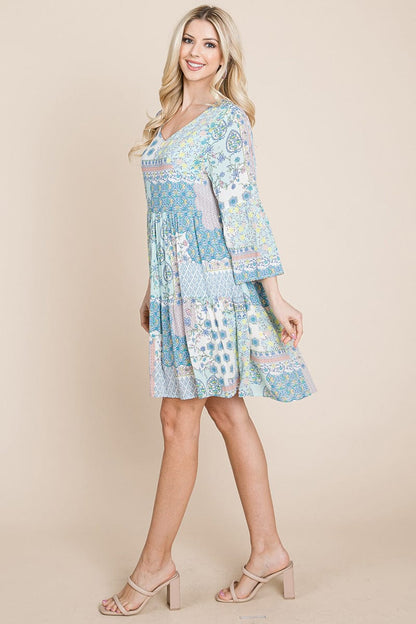 3/4 Sleeve Pleated Floral Flowy Boho Swing Dresses | Apparel | Kitchen + Metal