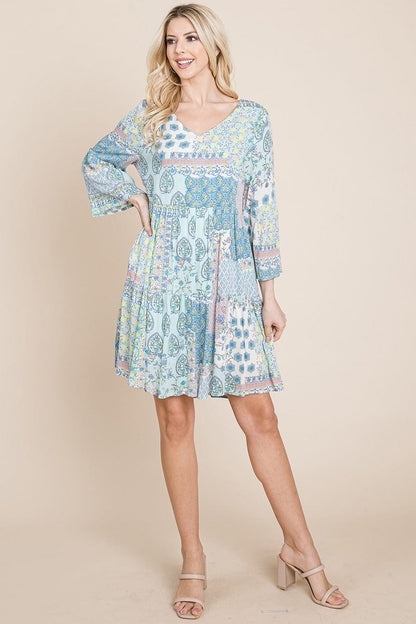 3/4 Sleeve Pleated Floral Flowy Boho Swing Dresses | Apparel | Kitchen + Metal