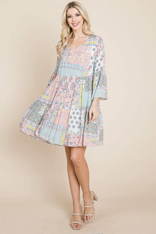 3/4 Sleeve Pleated Floral Flowy Boho Swing Dresses | Apparel | Kitchen + Metal