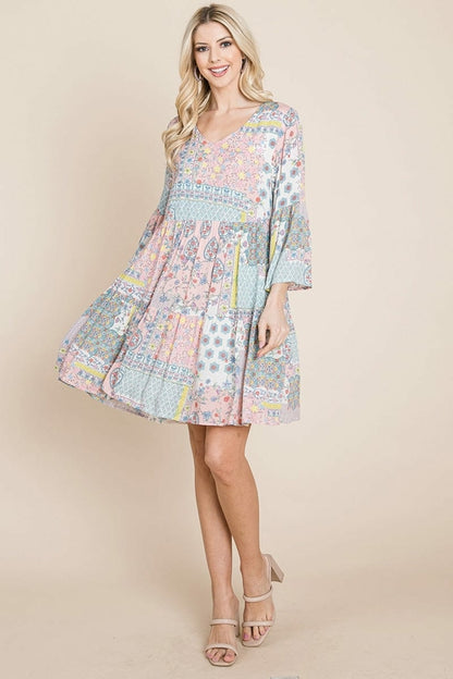 3/4 Sleeve Pleated Floral Flowy Boho Swing Dresses | Apparel | Kitchen + Metal