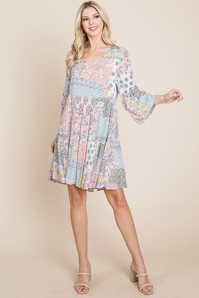 3/4 Sleeve Pleated Floral Flowy Boho Swing Dresses | Apparel | Kitchen + Metal