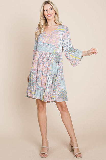 3/4 Sleeve Pleated Floral Flowy Boho Swing Dresses | Apparel | Kitchen + Metal