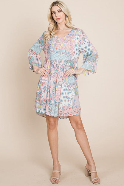 3/4 Sleeve Pleated Floral Flowy Boho Swing Dresses | Apparel | Kitchen + Metal