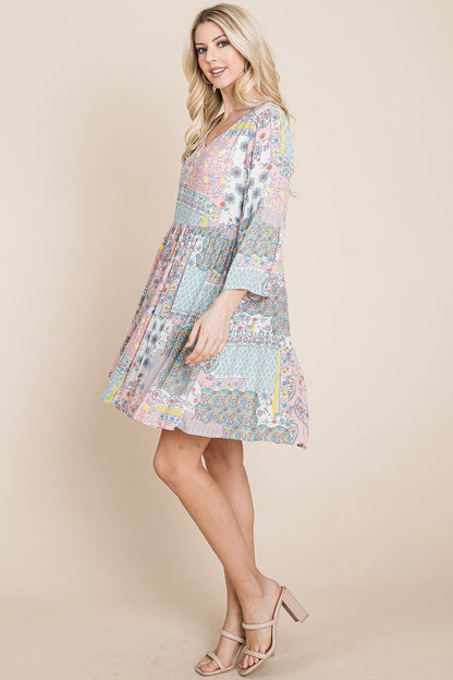 3/4 Sleeve Pleated Floral Flowy Boho Swing Dresses | Apparel | Kitchen + Metal
