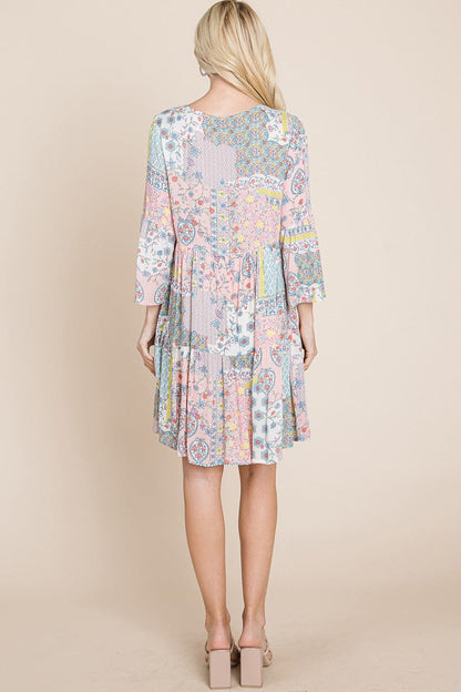 3/4 Sleeve Pleated Floral Flowy Boho Swing Dresses | Apparel | Kitchen + Metal
