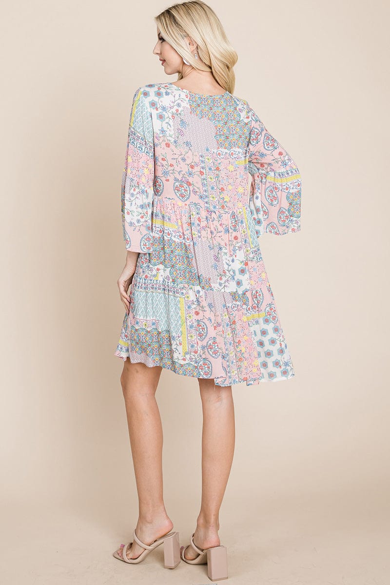 3/4 Sleeve Pleated Floral Flowy Boho Swing Dresses | Apparel | Kitchen + Metal