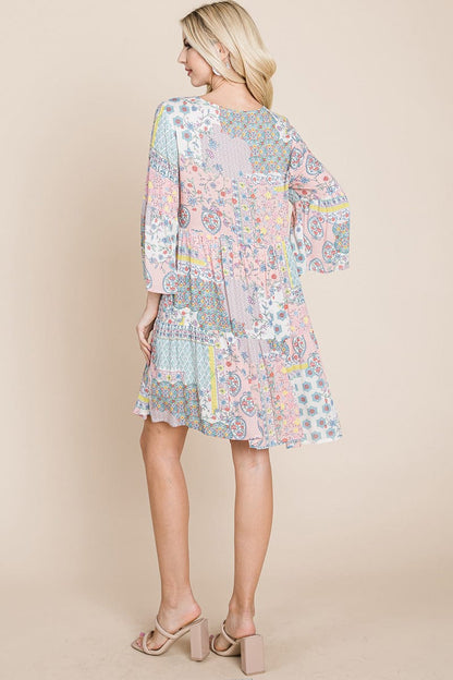 3/4 Sleeve Pleated Floral Flowy Boho Swing Dresses | Apparel | Kitchen + Metal