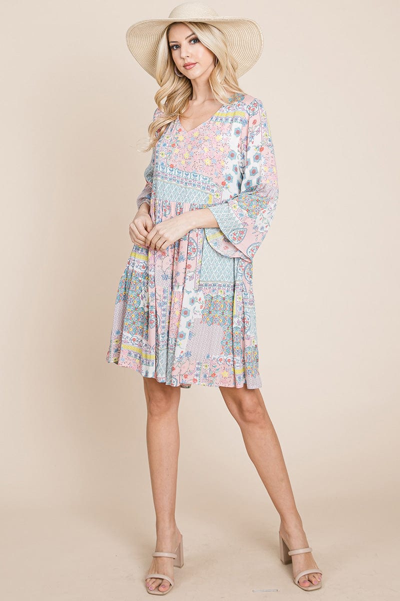 3/4 Sleeve Pleated Floral Flowy Boho Swing Dresses | Apparel | Kitchen + Metal