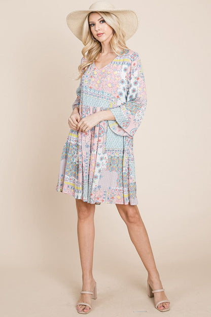 3/4 Sleeve Pleated Floral Flowy Boho Swing Dresses | Apparel | Kitchen + Metal