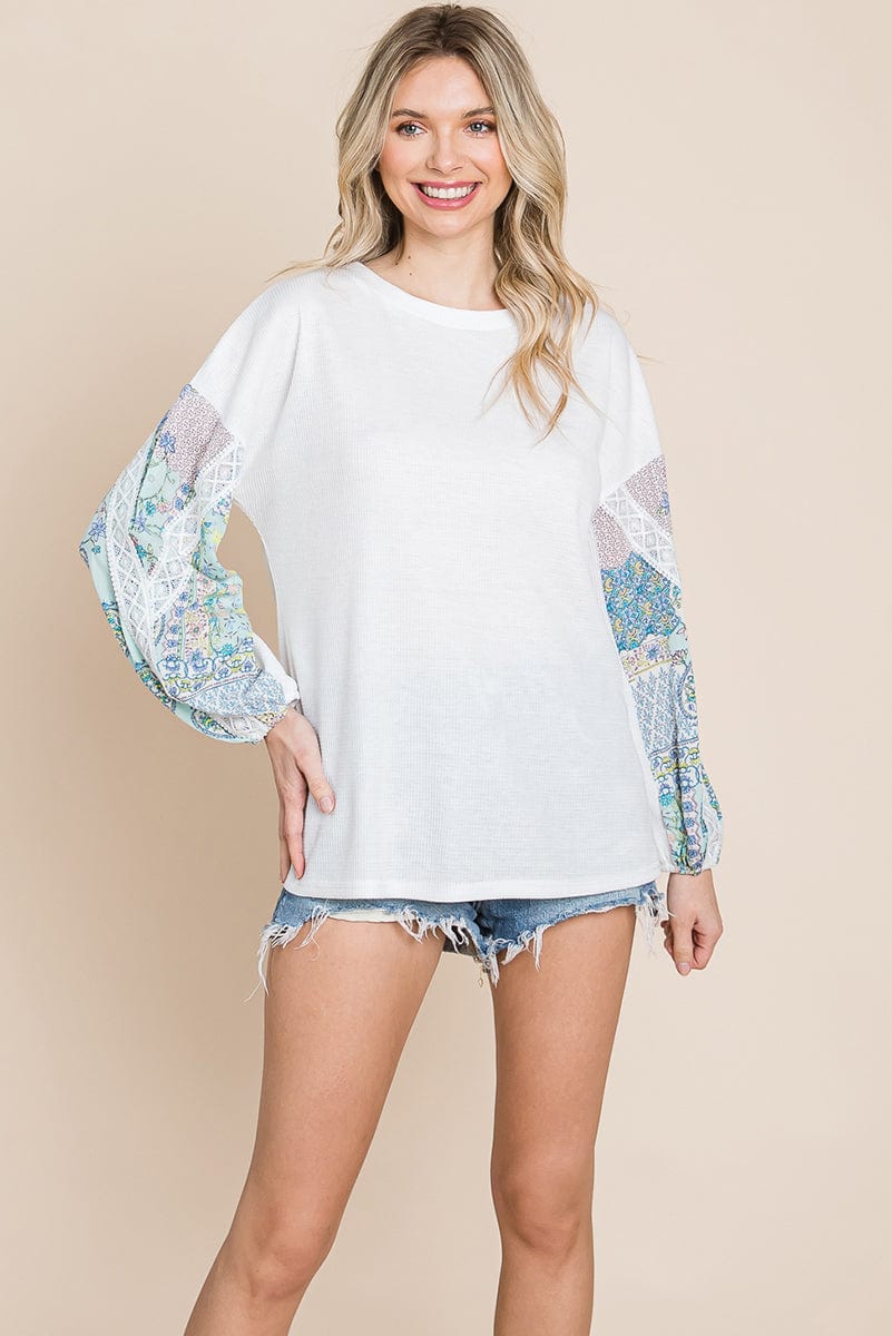 Contrasting Blossom Sleeve Waffle Knit Tops | Apparel | Kitchen + Metal